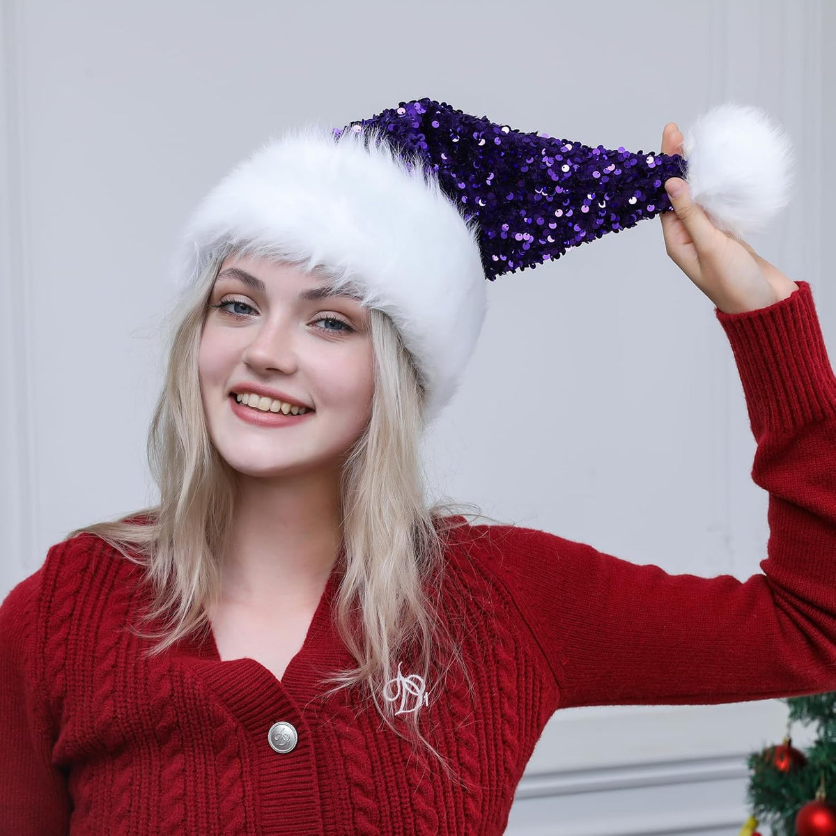 Personalized Sequin Santa Hat for Adults, Red Glitter Christmas Party Hat, Xmas Halloween New Year