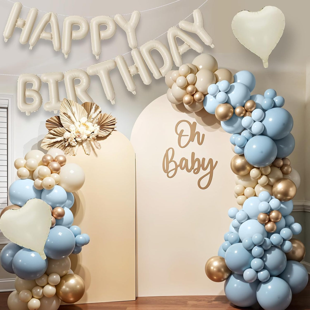 Happy Birthday Balloon Banner Cream Blue, 16 Inch Beige Mylar Letters Heart Foil Dusty Slate Blue