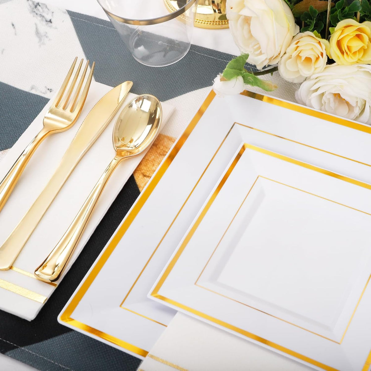 Festiva 350Pcs Gold Plastic Plates - Disposable Square Gold Plates Dinnerware set include 9.5"/6"