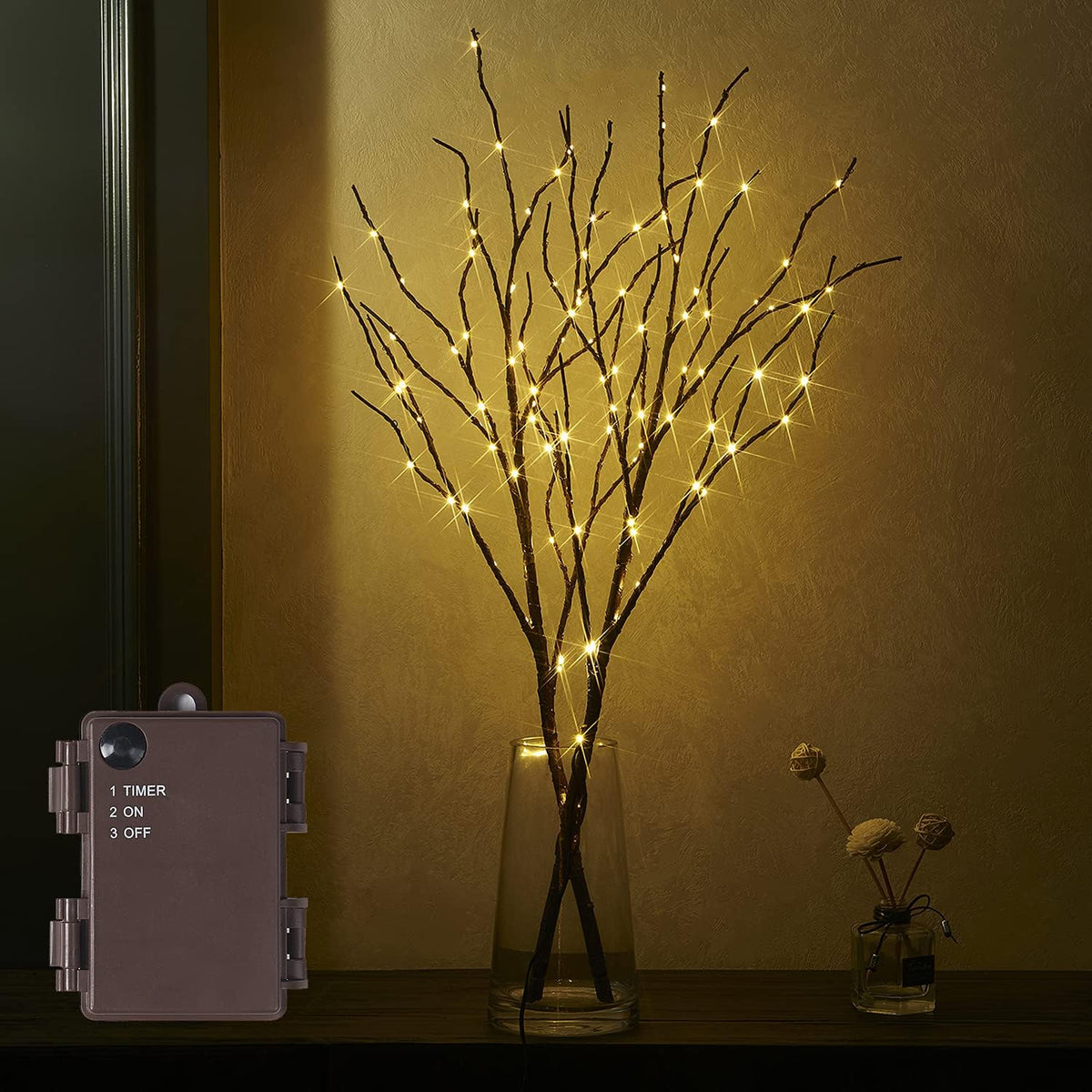 Fudios Branch Lights Battery Operated with Timer 32IN 100 LED, Fake Willow Branches with Fairy