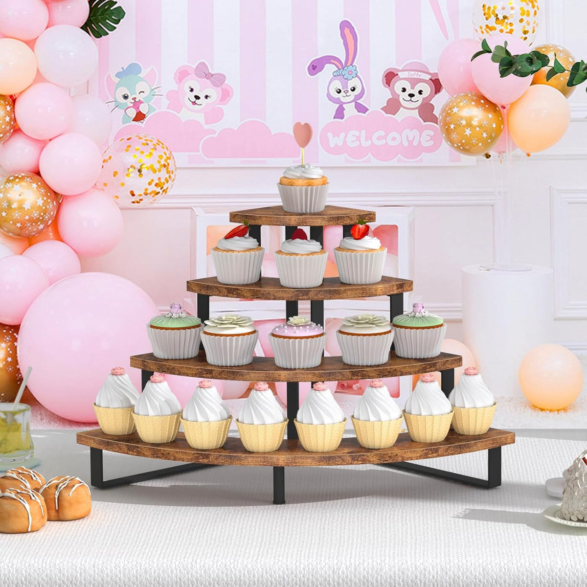 ELITEROO Cupcake Tier Stand, Wooden Cup Cake Stand Stairs, 4 Tier Dessert Table Display Set for