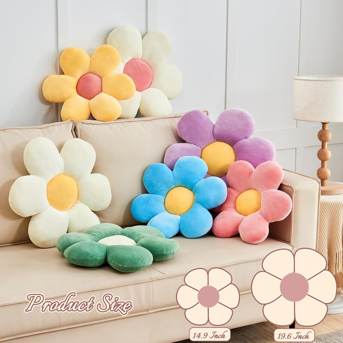 White Yellow Flower Pillow, 14.9" Cute Flower Shaped Floor Pillow, Aesthetic Floral Plush Daisy