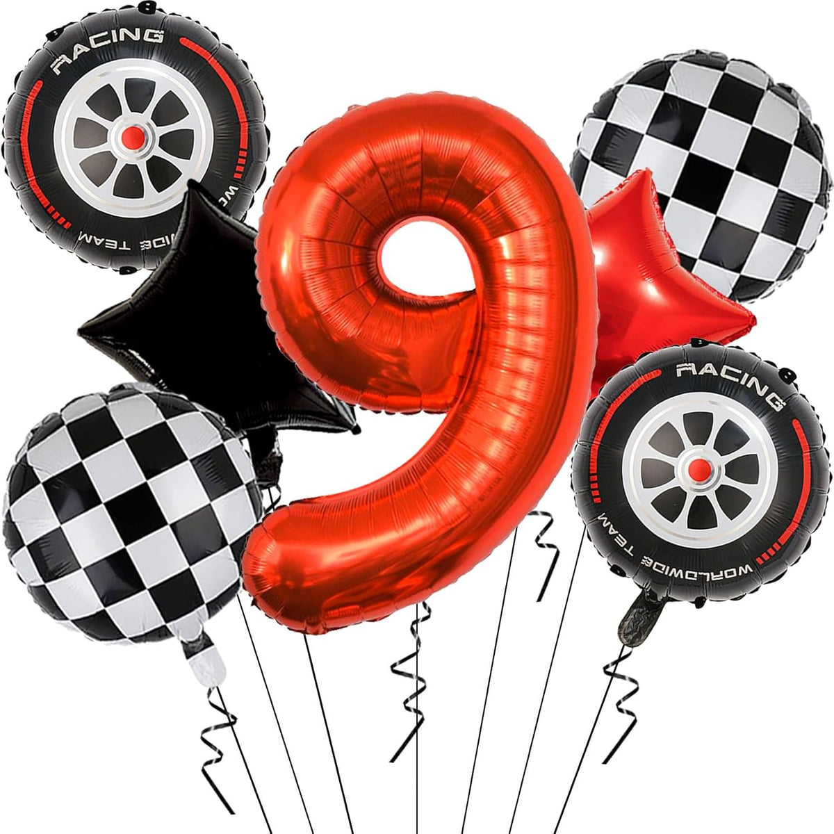 Race Car Birthday Party Decorations - 40 Inch Mylar Red Number 9 Balloons - Black Foil Checkered