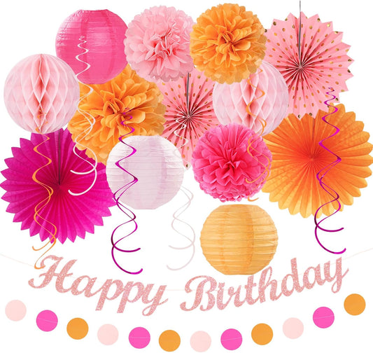 Hot-Pink Orange Fall Birthday Party-Decorations - 21pcs Autumn Women Peach Happy Banner,Girls