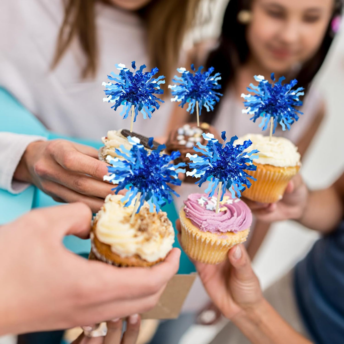 Gyufise 30Pcs Foil Firework Cupcake Toppers Happy Birthday Cake Toppers Sparkle Tinsel Flower Drink