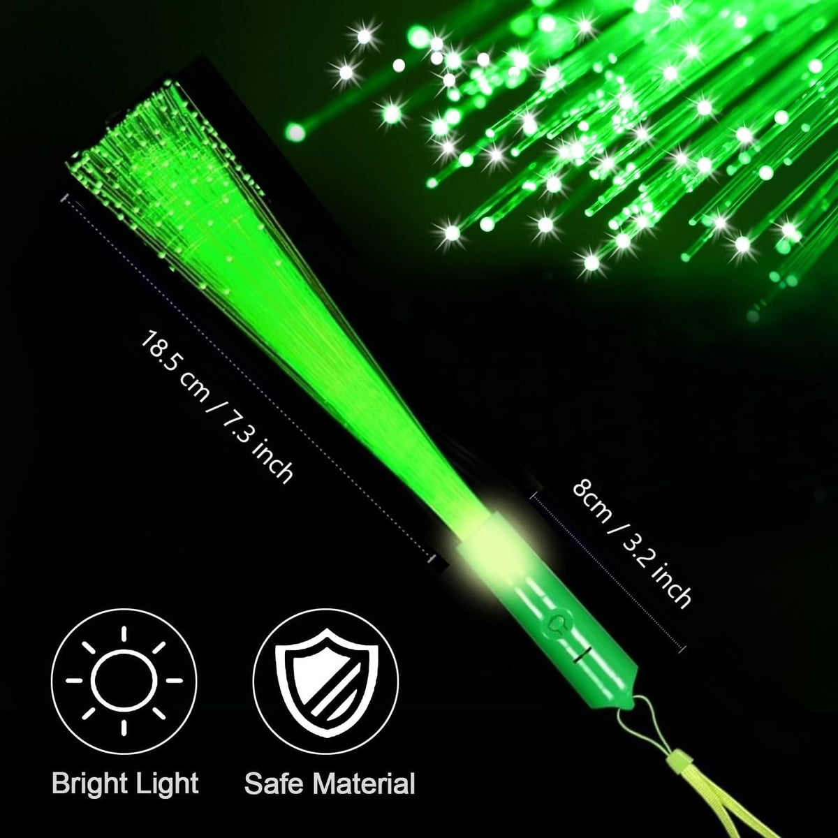 48 PCS Green Glow Fiber Wands Sticks LED Light Wands 3 Modes Flashing Fiber Optic Light Rod Bulk