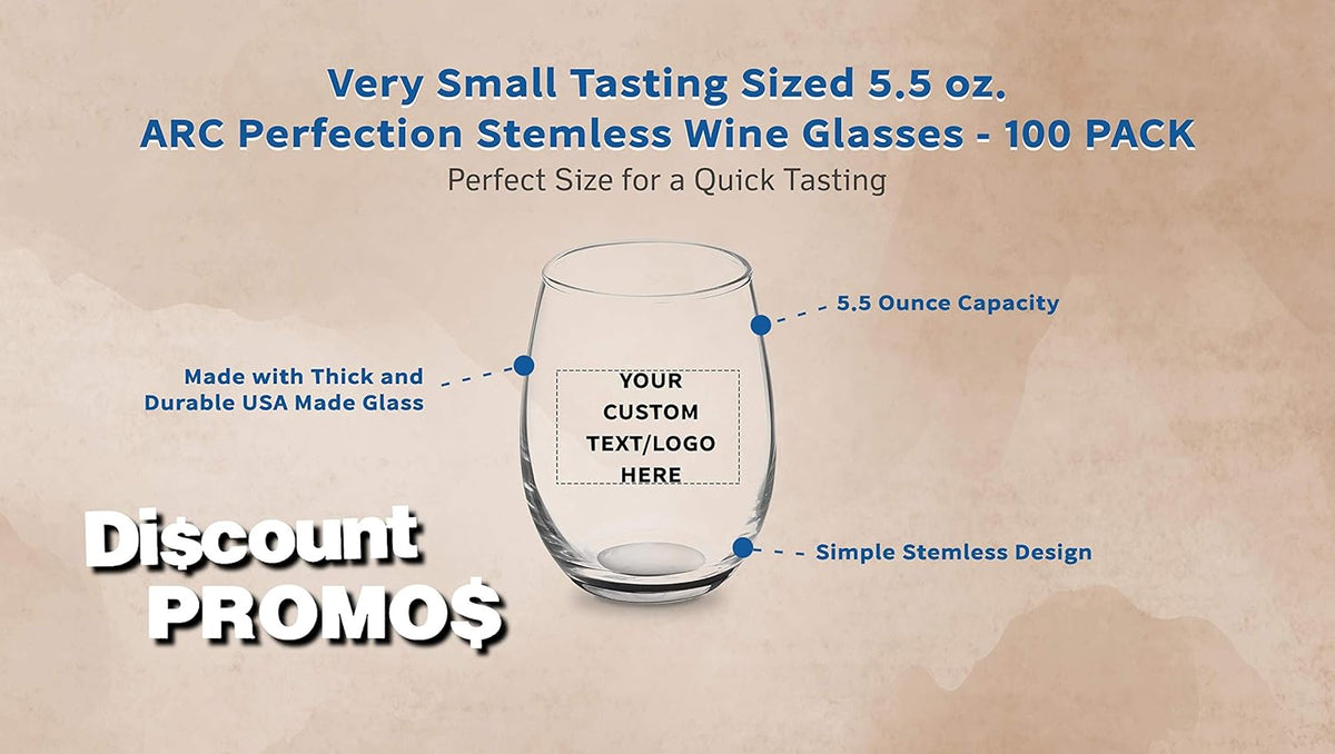 Custom Stemless Wine Glasses by ARC 5.5 oz. Set of 100, Personalized Bulk Pack - Perfect for Hotel