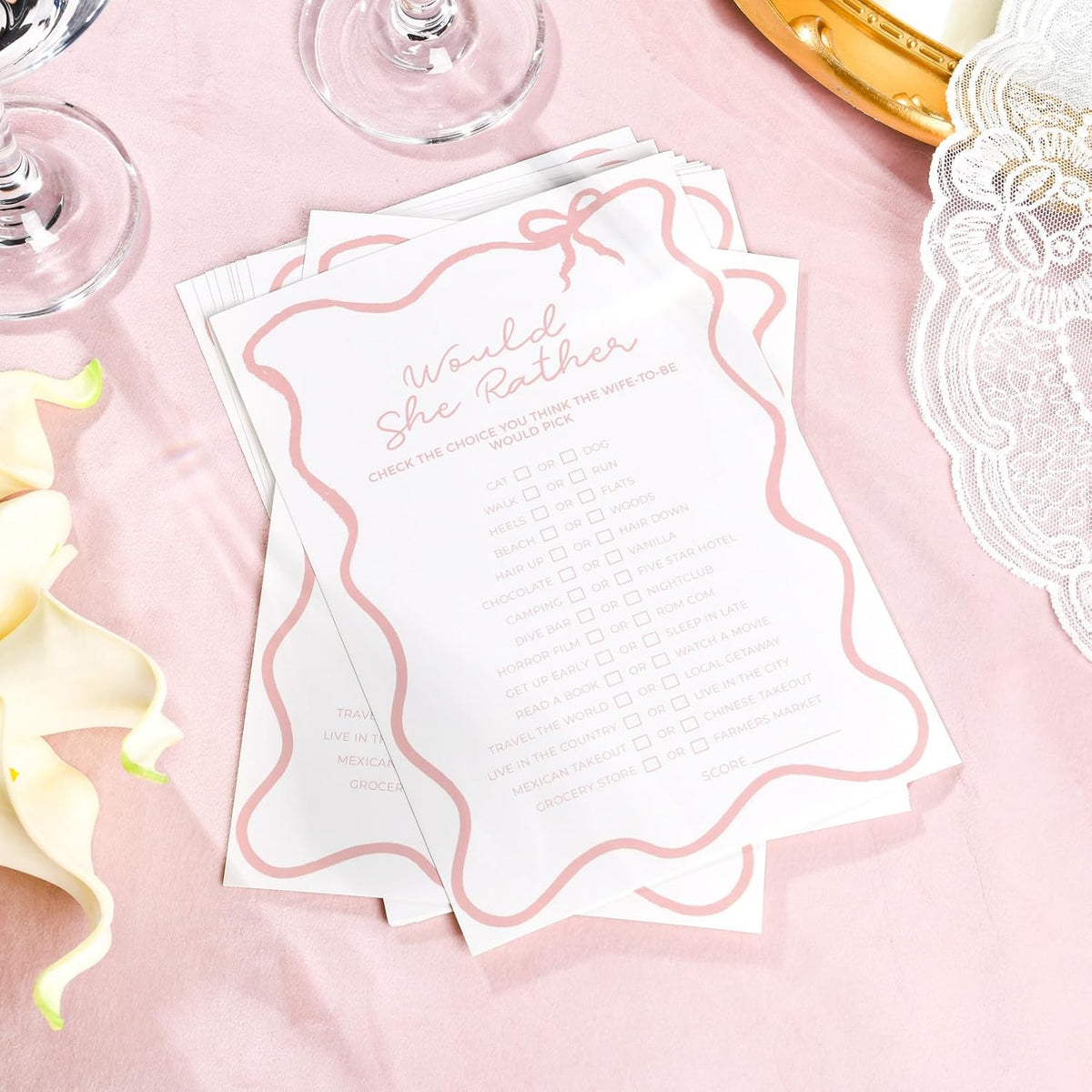 DEEKA 30 PCS Bridal Shower Games Card for 30 Guests White Pink Wavy Border Ribbon Bow Funny Wedding