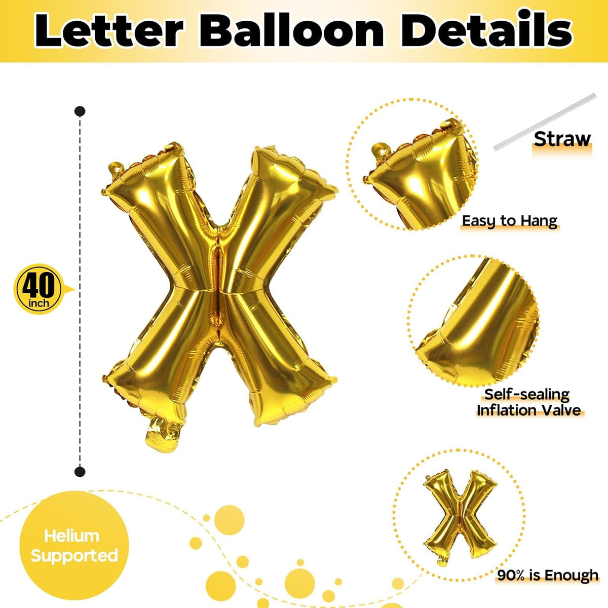 Giant X Alphabet Balloon Letters, Gold Self Inflating Custom Letter Balloons Birthday Decor, 40