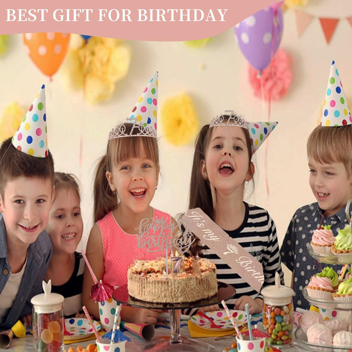 7th Birthday Decorations for Girl with Sash and Tiara, Numeral Candle and Cake Topper, 7 Year Old