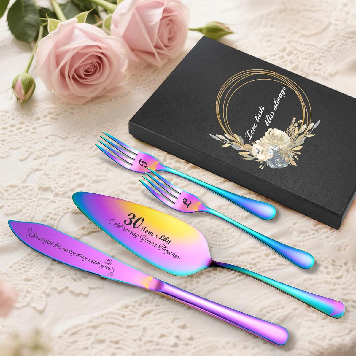 Personalized 4 Piece Wedding Cake Cutting Set, Custom Names Cake Knife and Server set with Forks