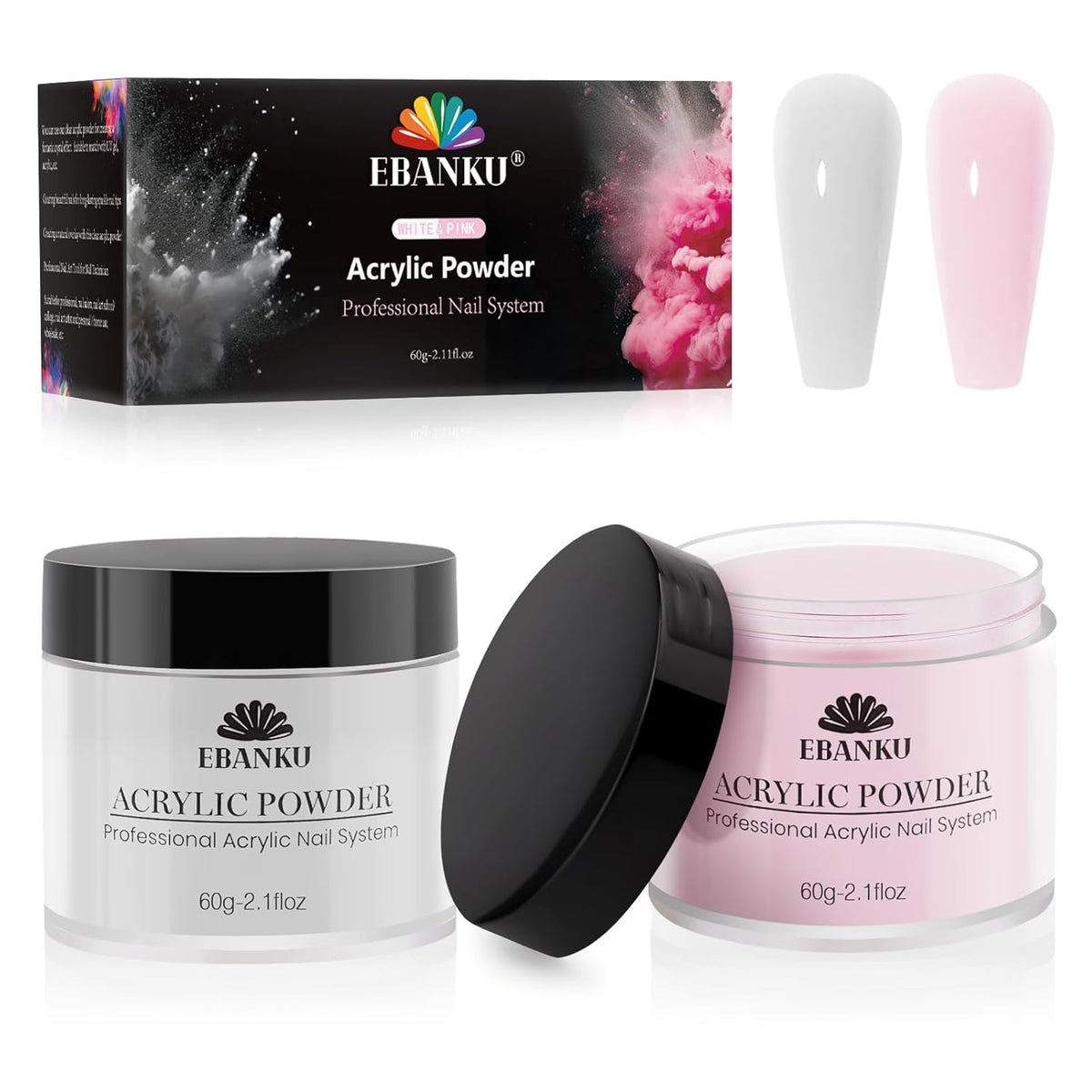 EBANKU Acrylic Nail Powder Set, 2 Colors Pink White Acrylic Powder Professional Nail Acrylic Powder