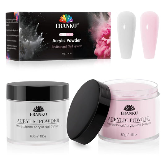 EBANKU Acrylic Nail Powder Set, 2 Colors Pink White Acrylic Powder Professional Nail Acrylic Powder