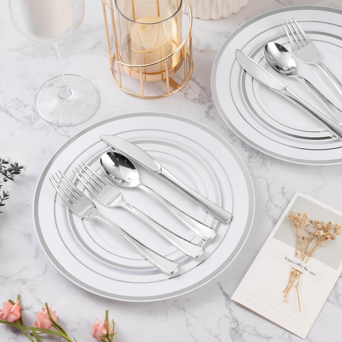 600PCS Silver Plastic Plate Set (100 Guests), Disposable Plates for Party Wedding Birthday