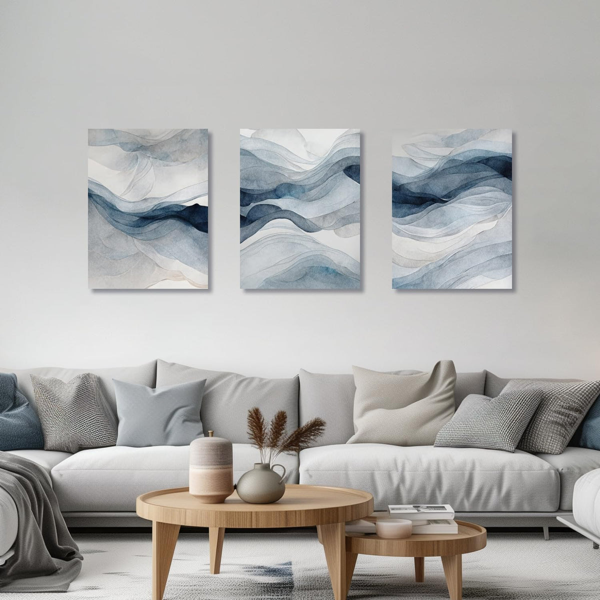 IAFWZX Framed Blue Gray Abstract Wall Art, Modern Minimalist Waves Wall Decor, Neutral Watercolor