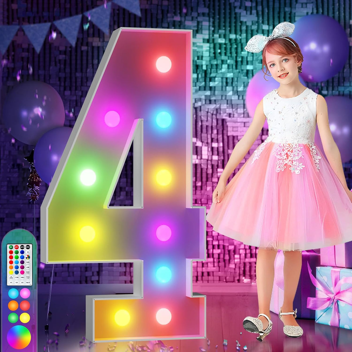 imprsv 4FT Colorful Marquee Numbers,18 Colors Number 4 with Remote, Light Up Numbers Sign for 4th