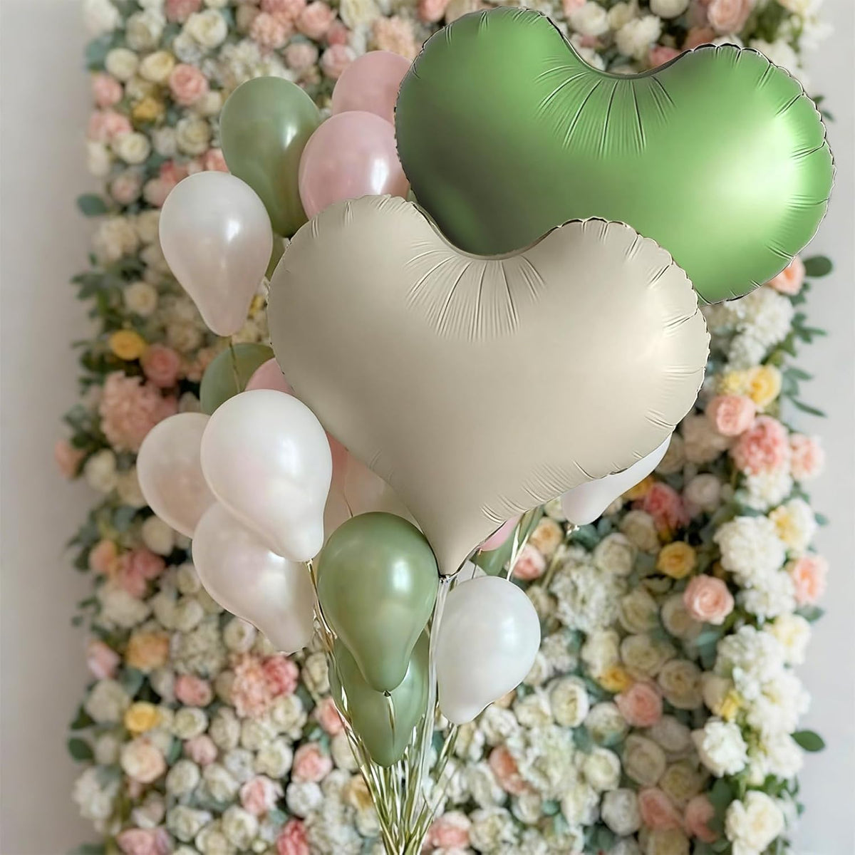 Green Cream White Heart Balloons,24Inch Heart Foil Balloons for Valentine's Day Birthday Wedding