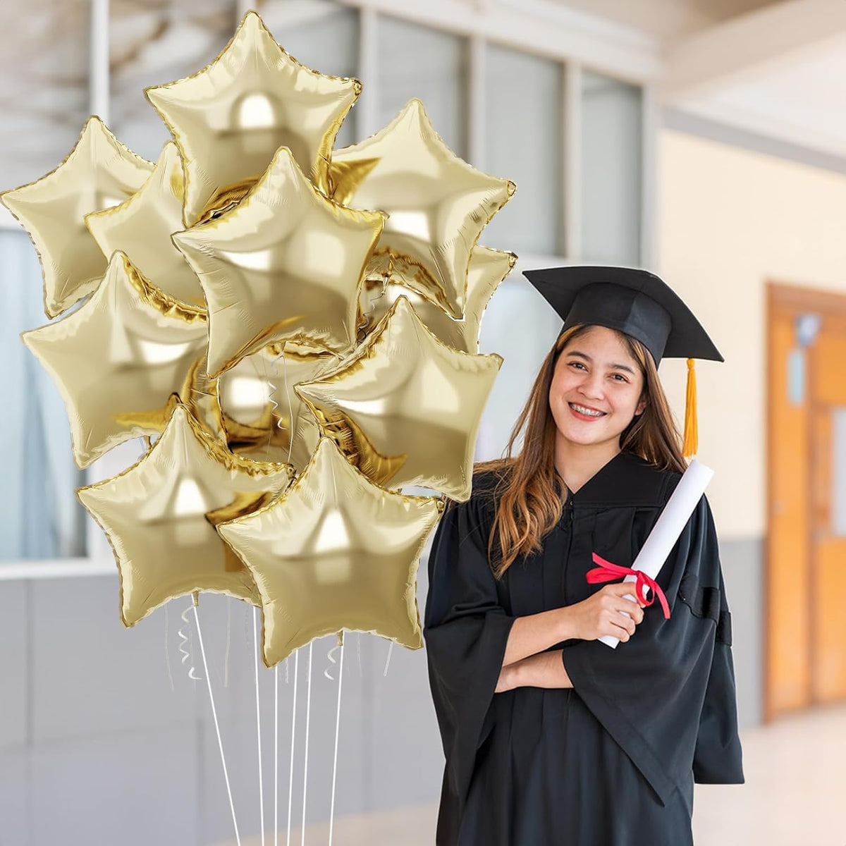Gold Star Foil Balloons, 18 Inch Light Gold Stars Shape Foil Helium Balloons, 10 Pcs Large Light