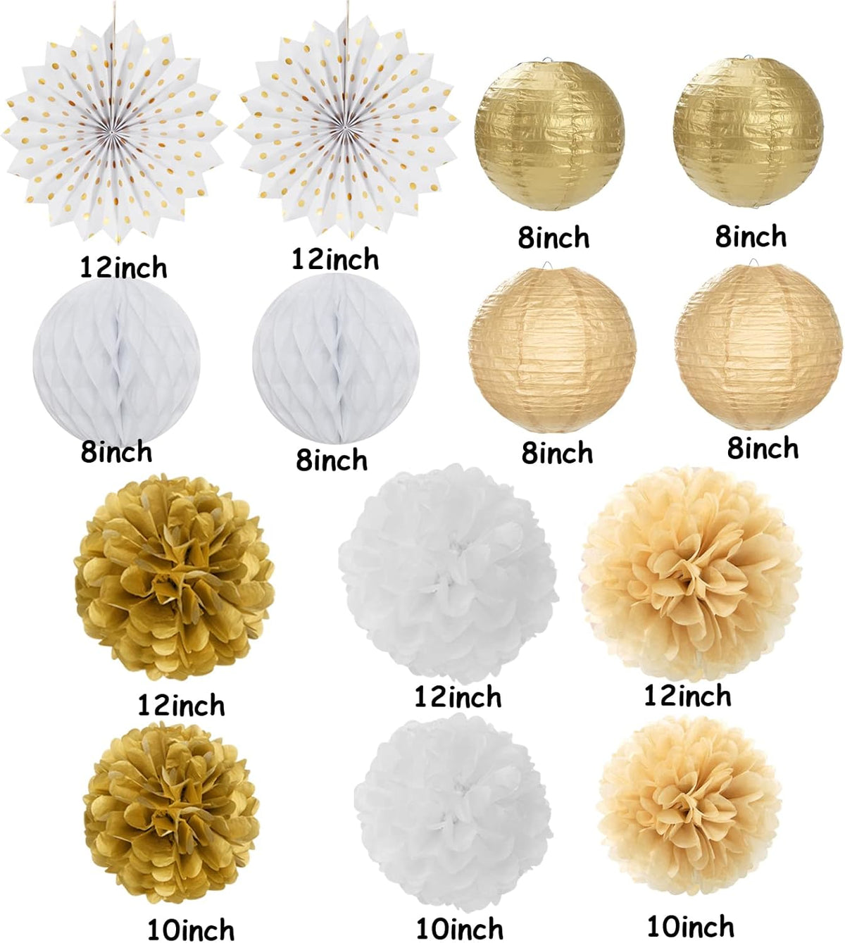 White Gold Party Decorations Streamers - 14pcs Christmas Wedding Engagement Paper Lanterns