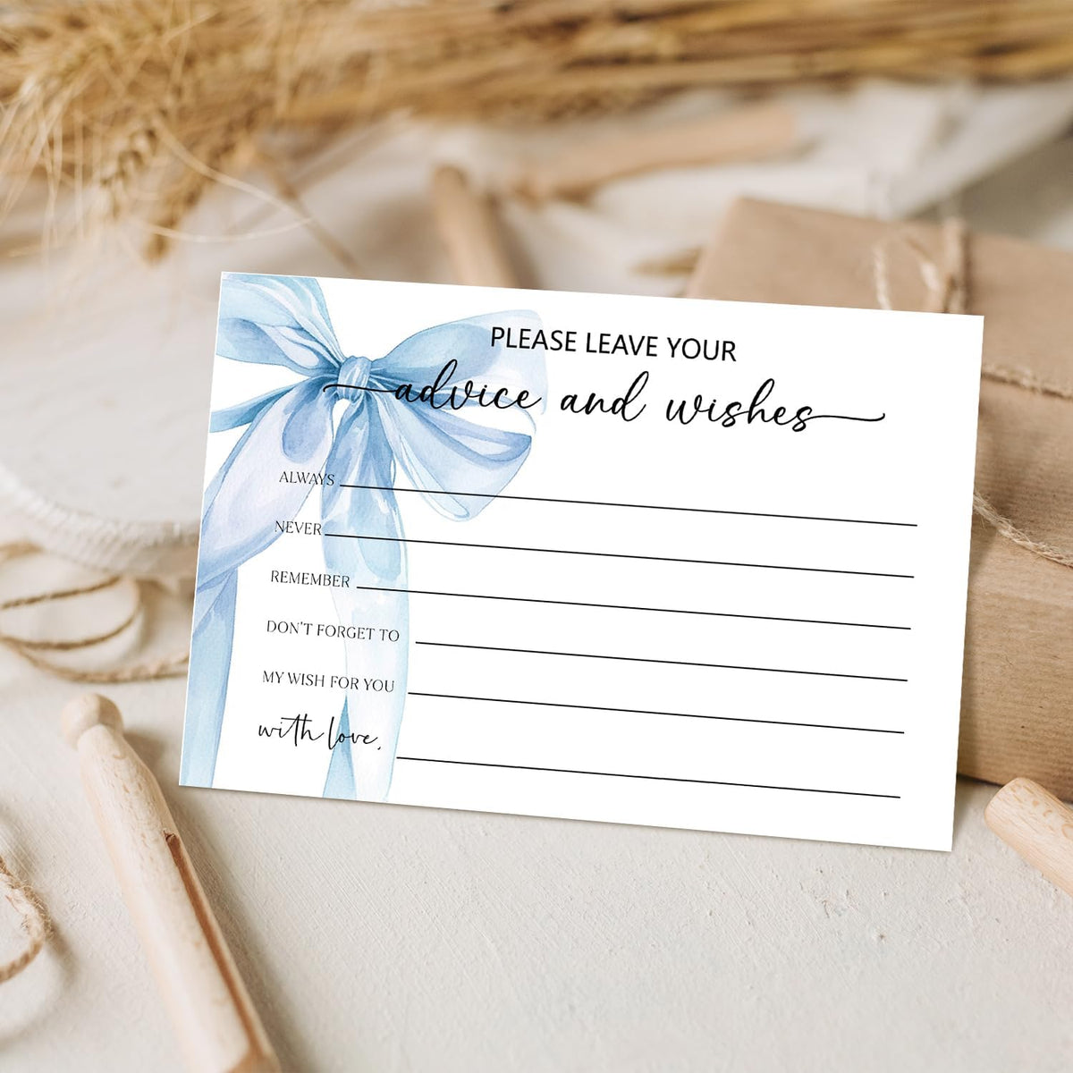 Blue Bow Advice and Wishes Card, Advice Cards for The Bride and Groom, Bridal Shower,Wedding or