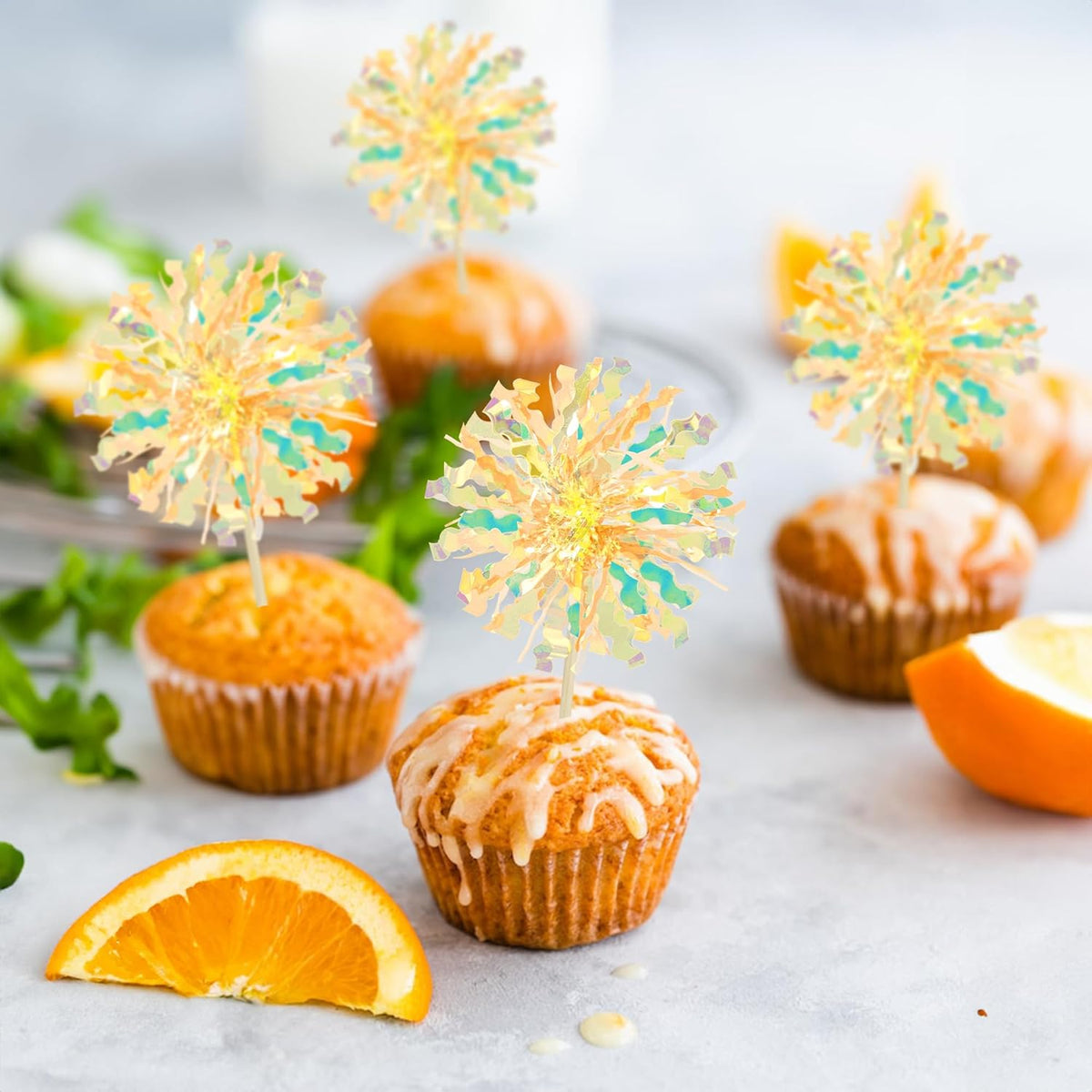Ephlyn 30Pcs Foil Firework Cupcake Toppers Sparkle Tinsel Drink Birthday Cake Decorations Cocktail