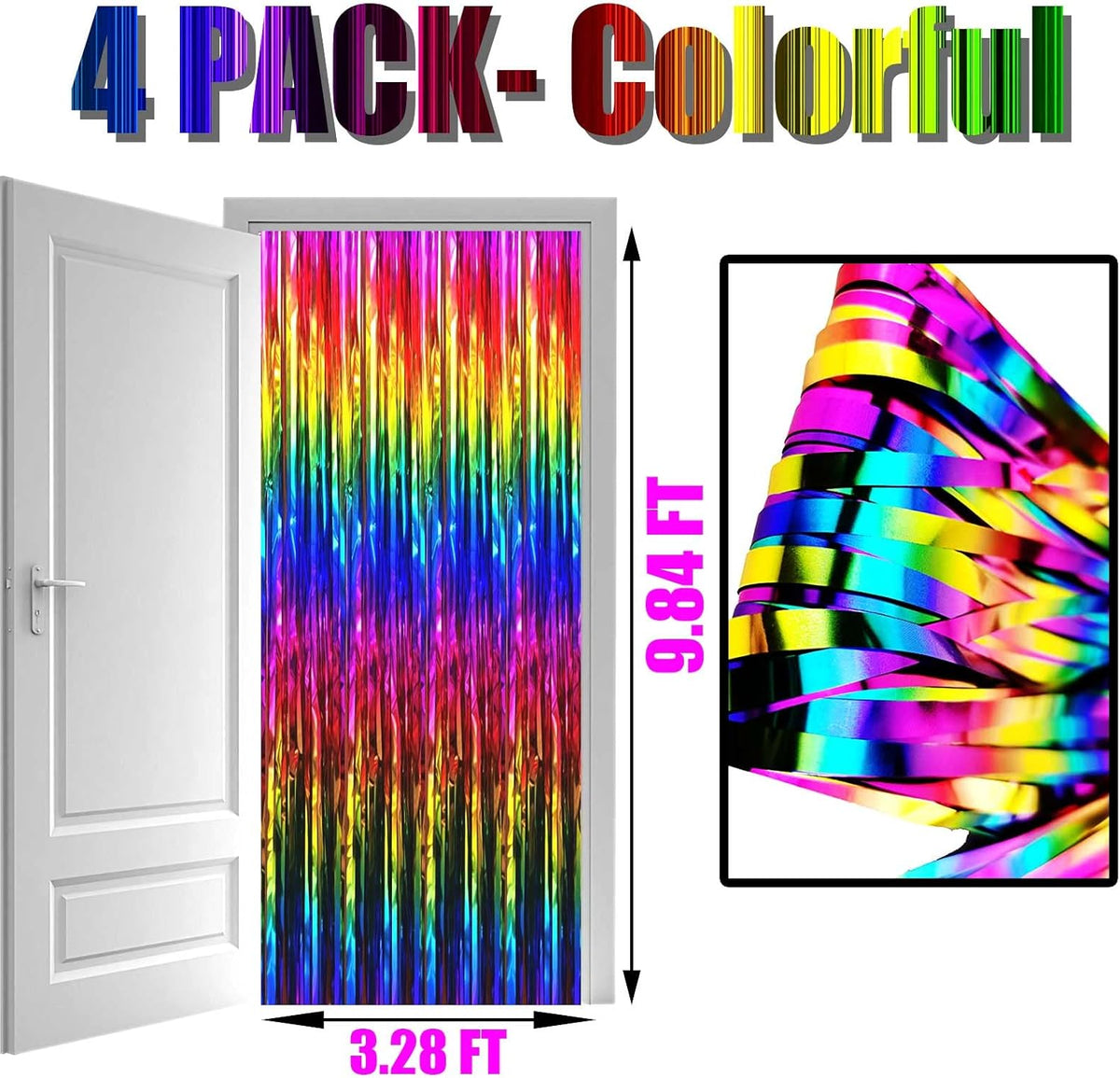 4 Pack Rrainbow Foil Fringe Curtain Backdrop, 3.28Ft x 9.84Ft Colorful Metallic Tinsel Streamers
