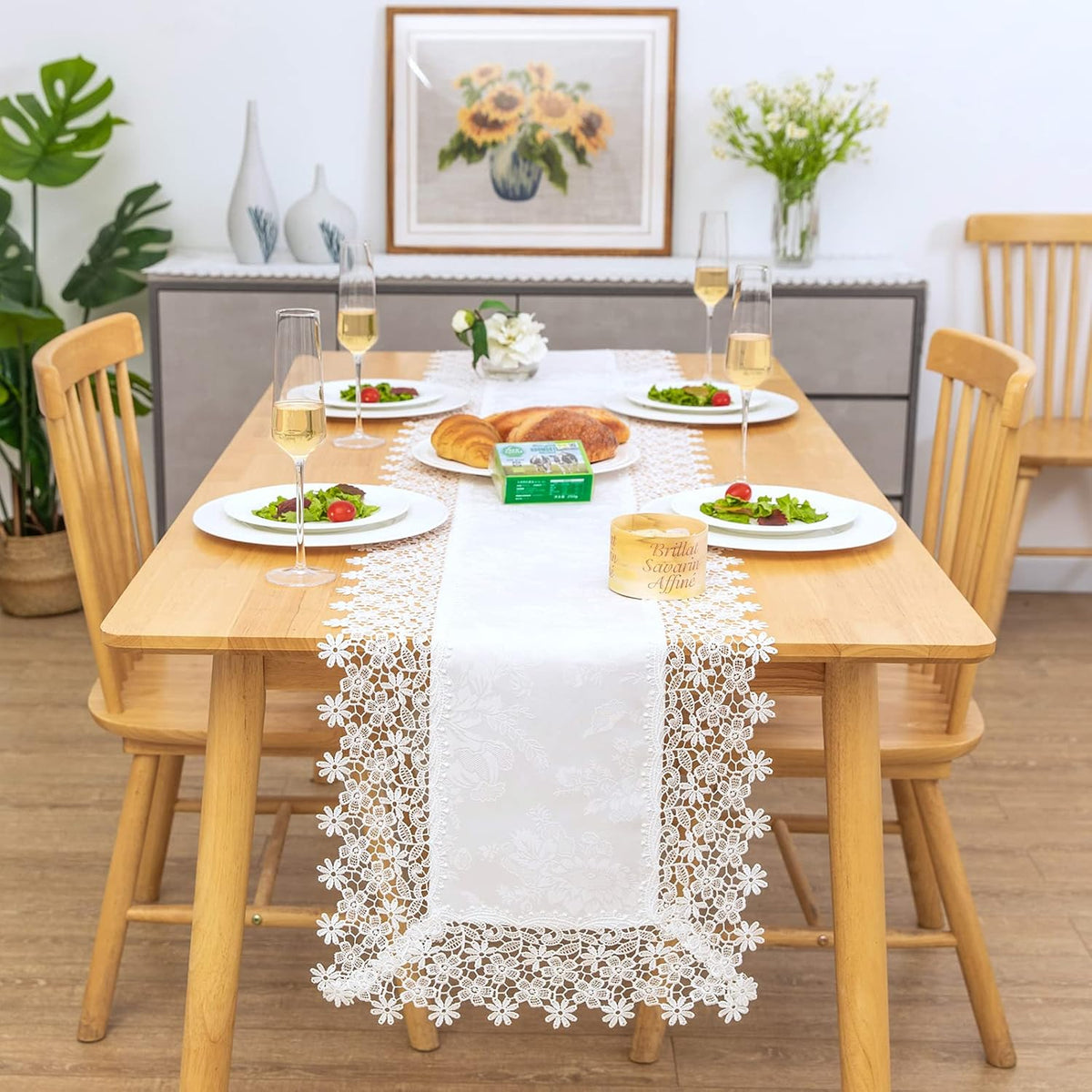 White lace Premium Rectangle Farmhouse Table Runner Waterproof OilProof SpillProof AntiShrink Soft