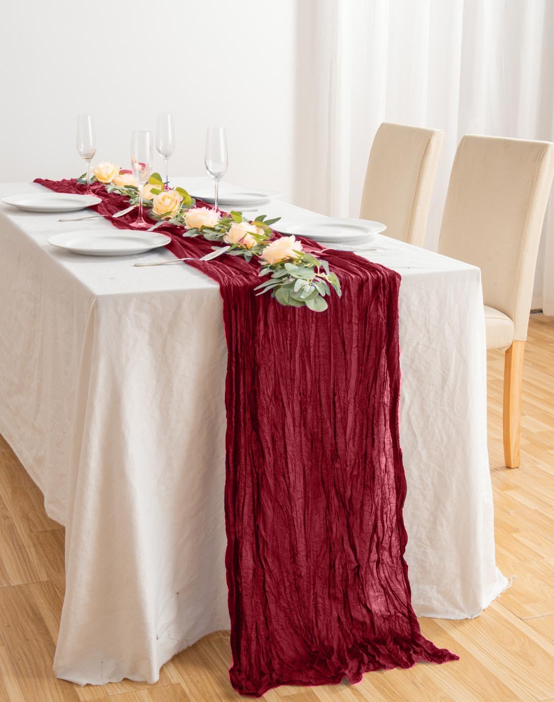 8 Pack 10Ft Table Runner 35x120 inch Burgundy Boho Gauze Table Cheese Cloth Long Wrinkled Sheer