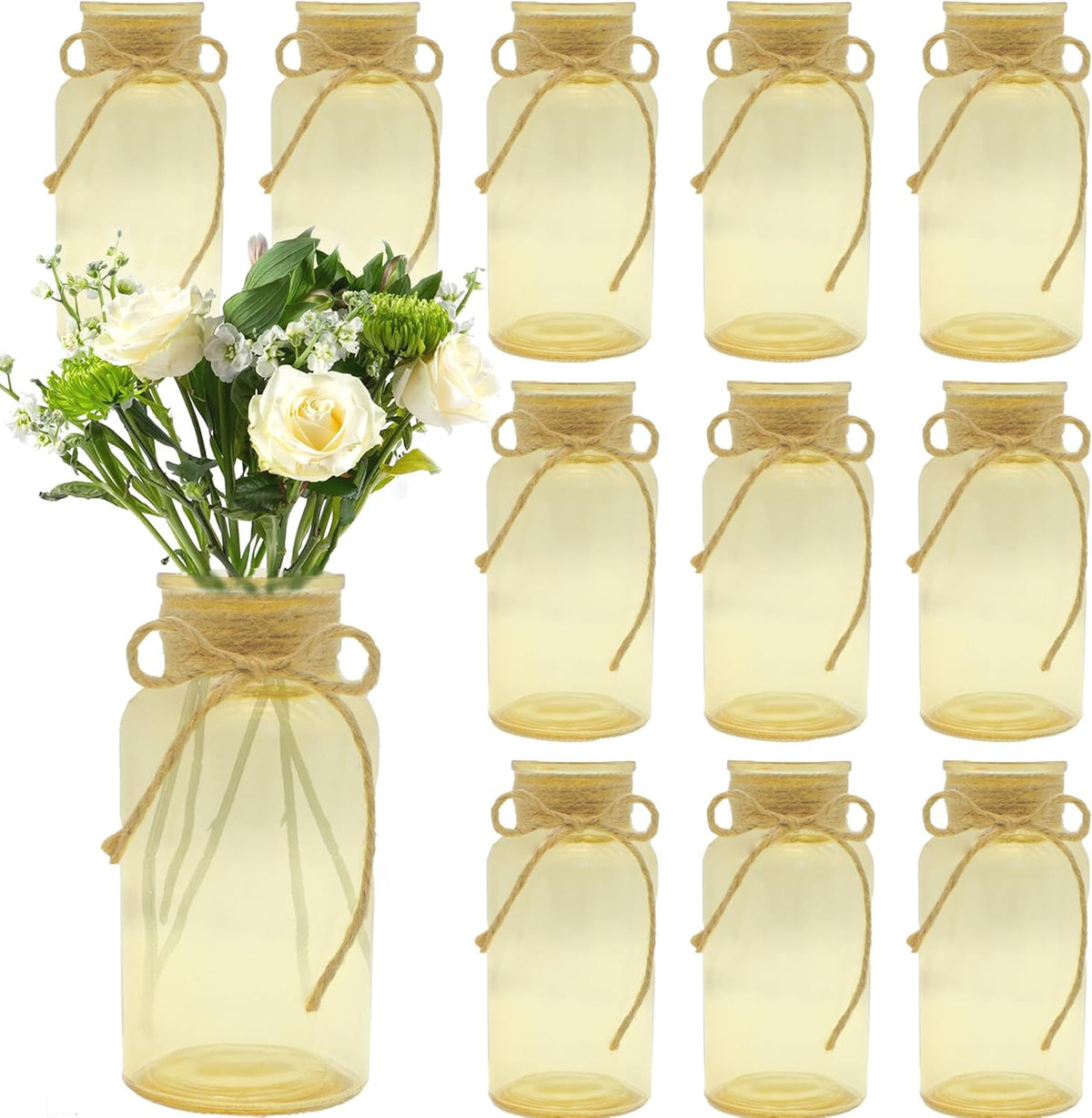 Vintage Glass Flower Vase，12 Pack Gold Amber Farmhouse Glass Centerpiece Vases Mason Jars for