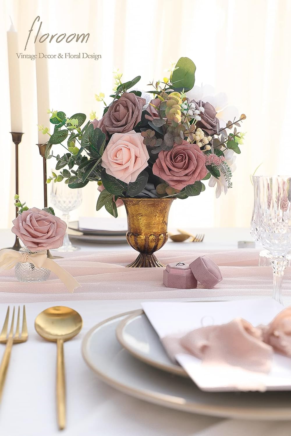 Floroom Artificial Flowers 25pcs Real Looking Dusty Rose Ombre Colors Foam Fake Roses with Stems