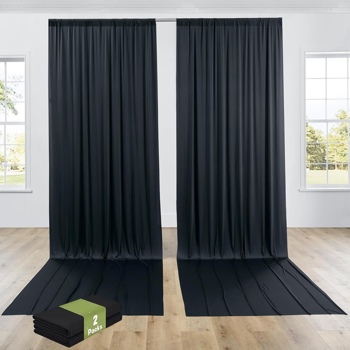 PartyVillage 10ft×15ft Black Backdrop Curtain for Halloween Parties, 2 Panels Wrinkle Free 15 FT