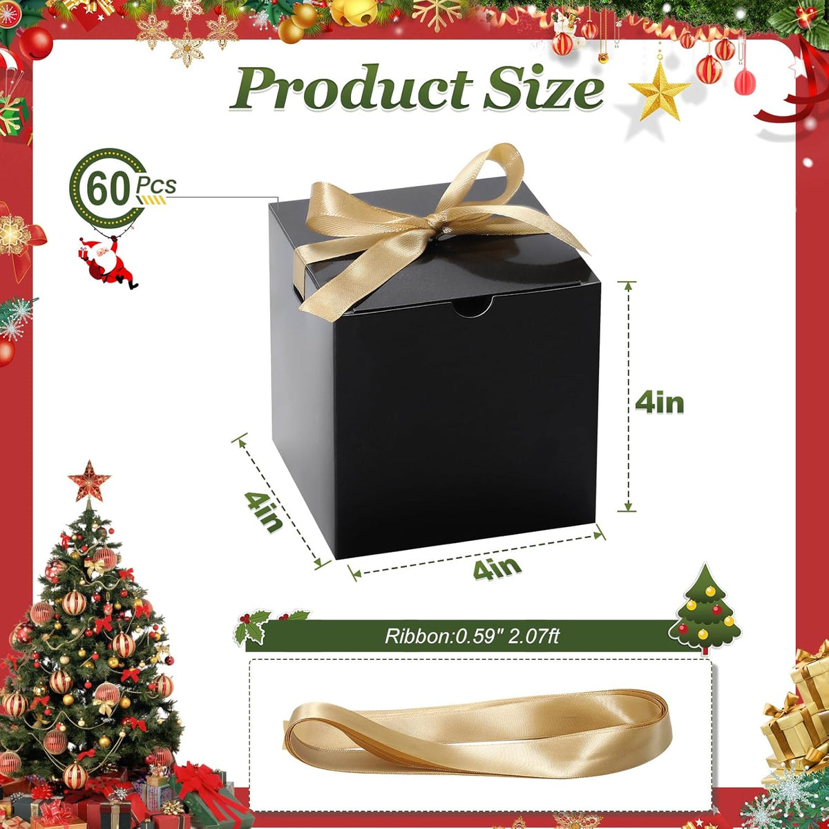 DOYIDE Small Gift Boxes, 60 Pcs 4x4x4 Inch Black Elegant Paper Box with Ribbons, Party Favor Boxes