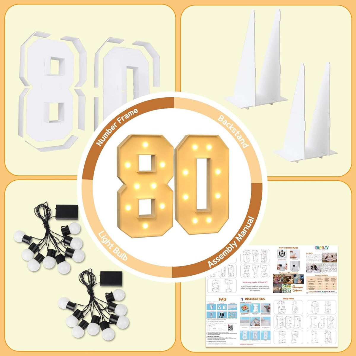imprsv 3FT Light Up Numbers, Marquee Numbers 80th Birthday Decorations for Women Men, Large Light