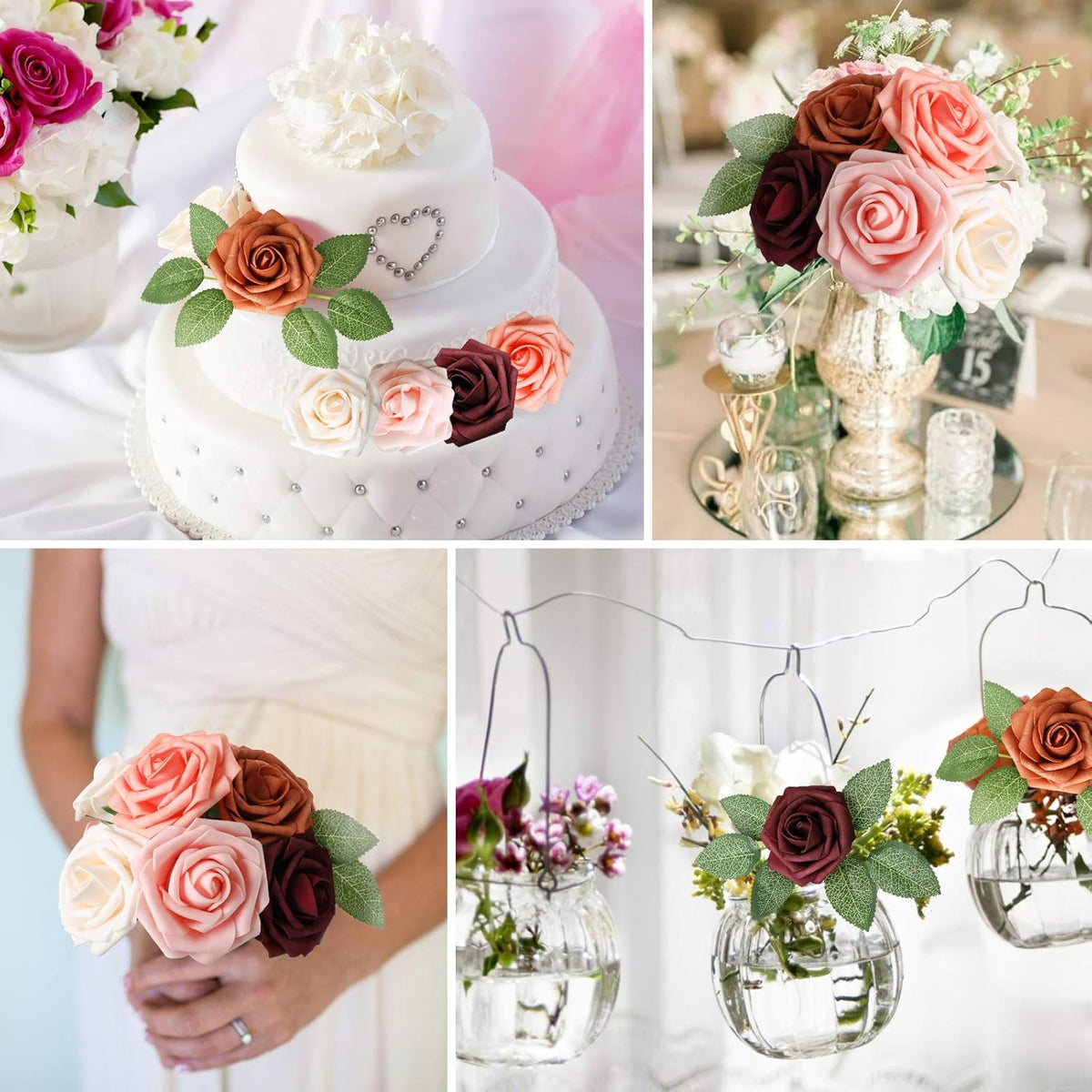 AmyHomie Artificial Flower Shades of Burgundy Rose 25pcs Real Looking Fake Roses w/Stem for DIY