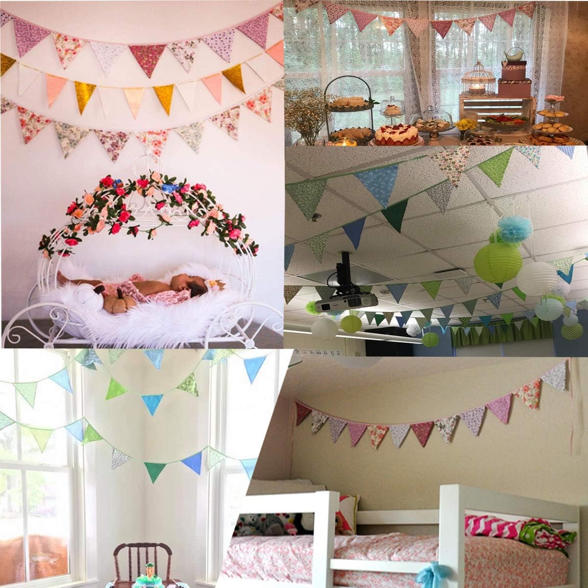 10M/32Ft Triangle Bunting Banner, 36 Pcs Cotton Fabric Flags Pennant Garlands for Birthday Party