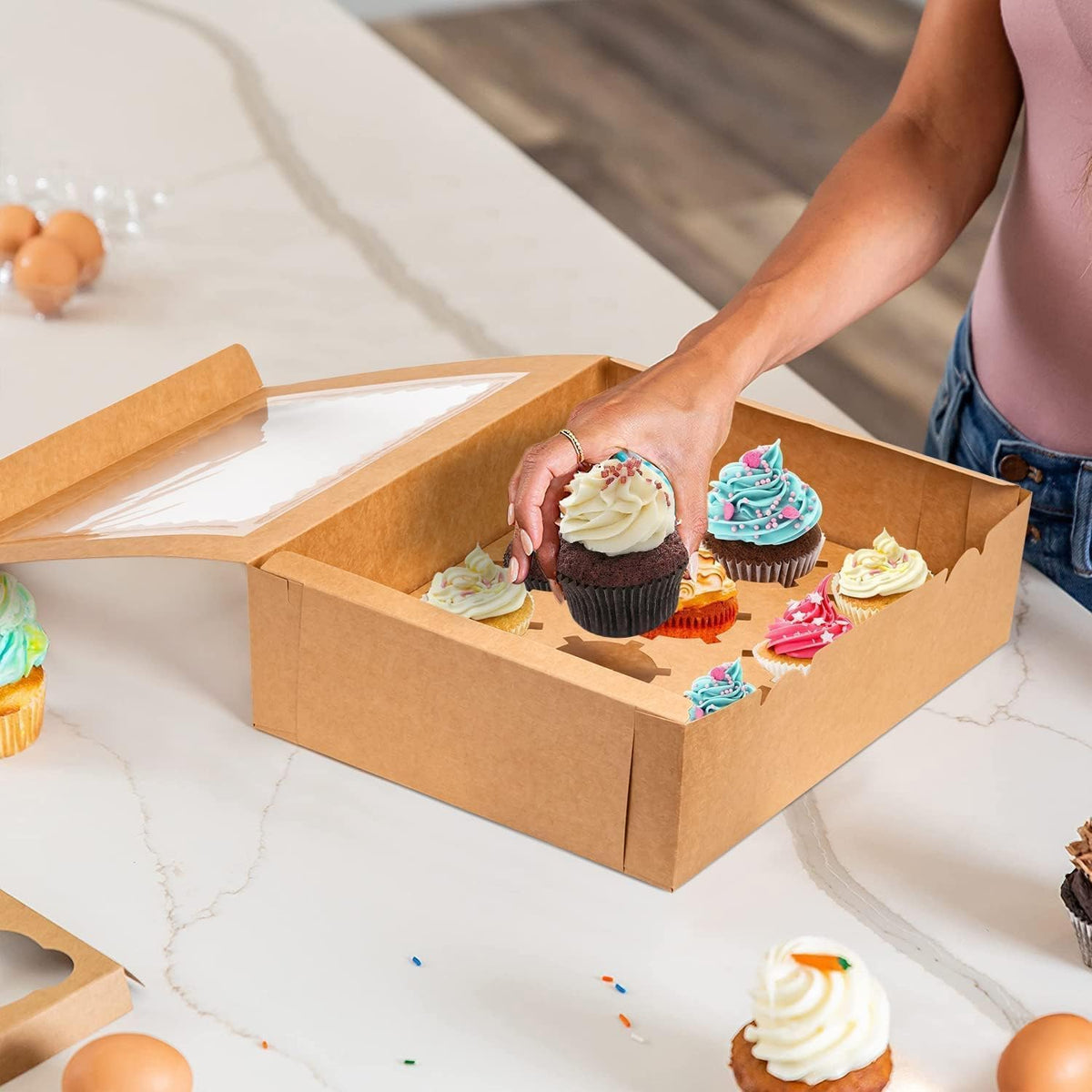 Rarapop 6 Pack Cupcake Boxes Hold 12 Standard Cupcakes, Food Grade Cupcake Holders Bakery Carrier