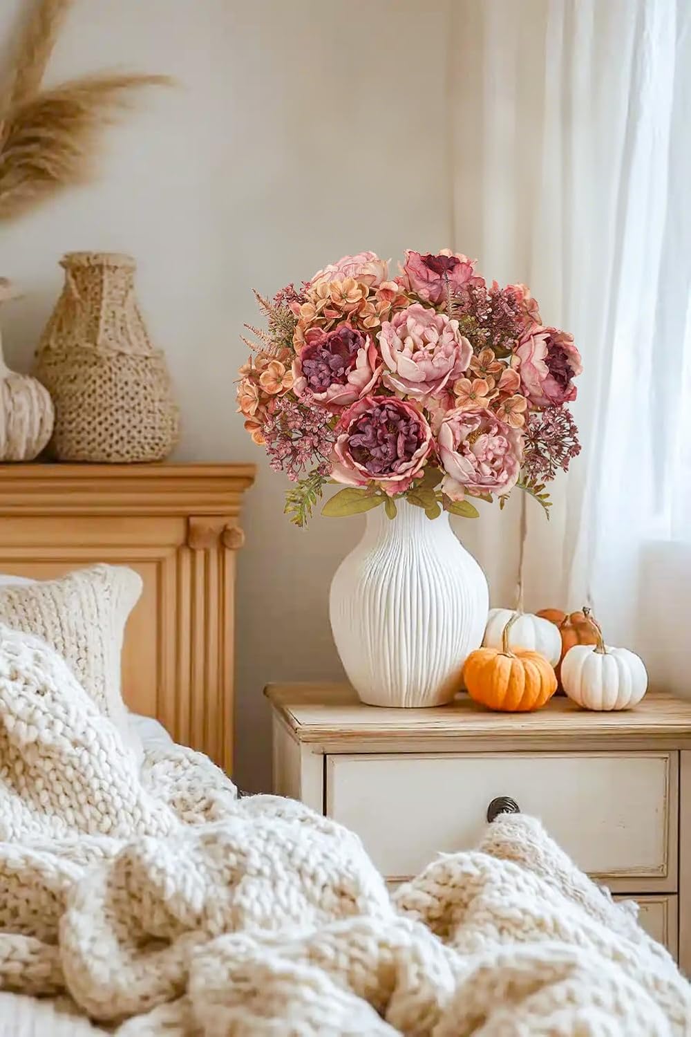 Hollyone 2Pcs Artificial Fall Flowers Bouquet 18.8" Pink Dried Peony Hydrangea Fake Fall Floral