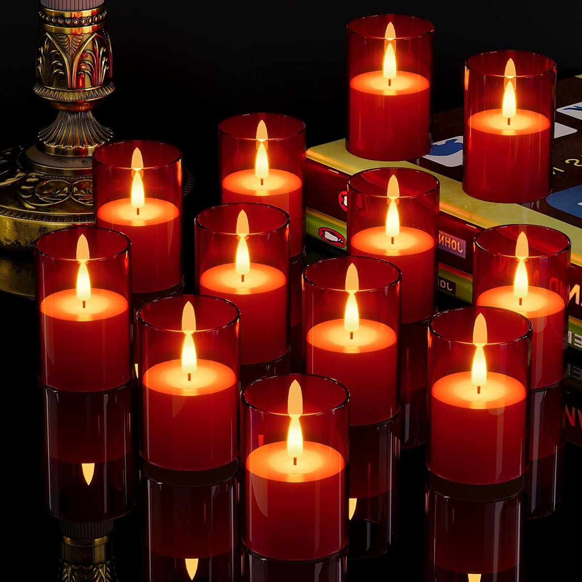 12Pack Flickering Flameless LED Candles with Timer, Battery Powered - Small Pillar & Votive, Red