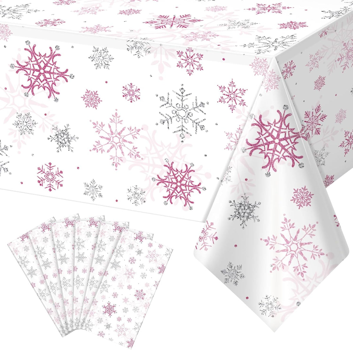 6 Pcs Christmas Snowflake Party Tablecloths Decorations,Plastic Pink Winter Onederland Rectangle