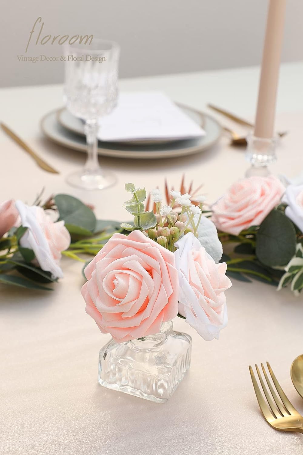 Floroom Artificial Flowers 50pcs Real Looking Blush Shades Foam Fake Roses with Stems for DIY