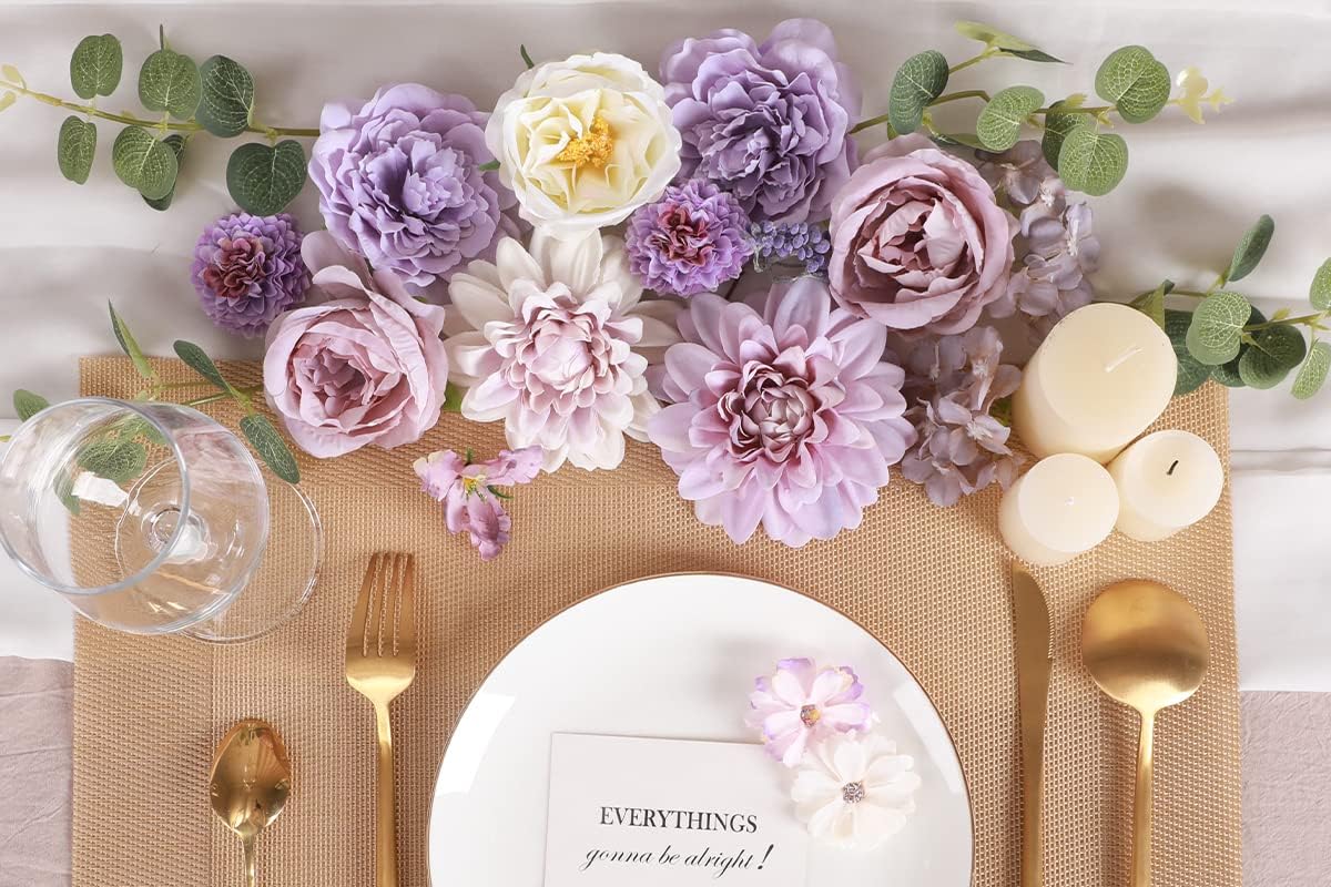 Floweroyal Artificial Flowers Combo Purple Flowers Mix Silk Flowers Dahlia Roses with Stems for DIY