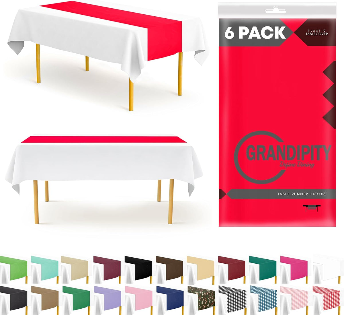 Red 6 Pack Premium Disposable Plastic Table Runner 14 x 108 Inch. Table Runner for Dinner Parties &