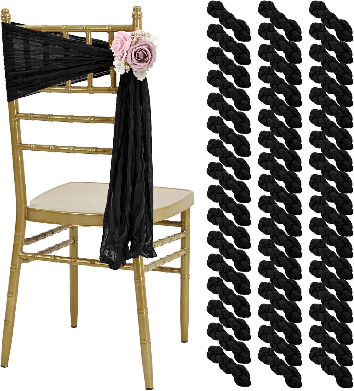 50 PCS Cheesecloth Chair Sashes, Bows Designed ChairSashes, 15.7x70 inch Chair Sashes for Aisle