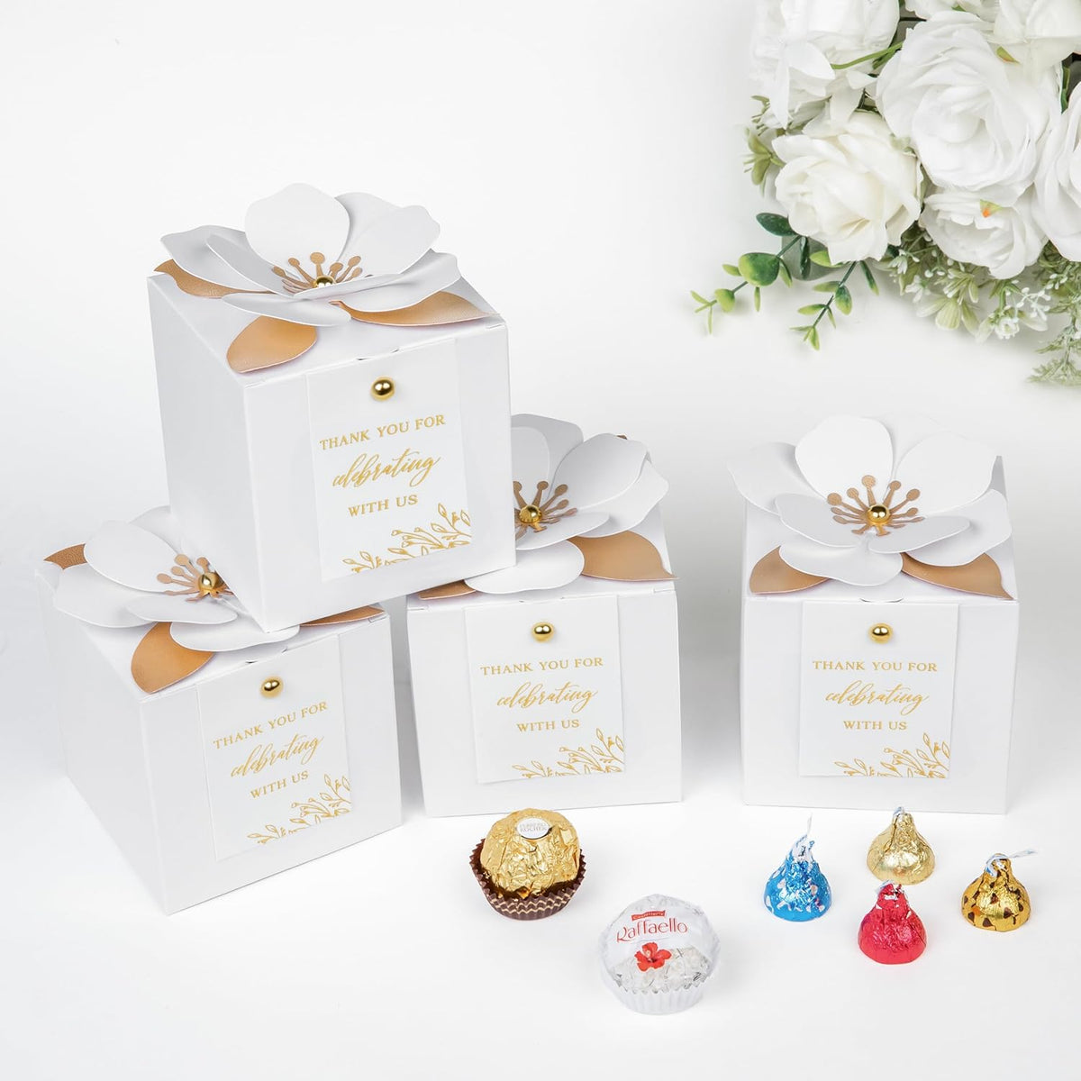 FEIYI 20 PCS White Gift Boxes, 3 In 1 Favor Boxes with Floral Decor, White Thank You Tags Cupcake