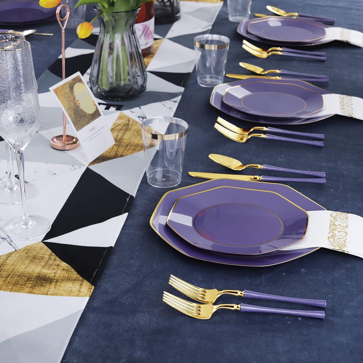 KIRE 140Pcs Purple Plastic Plates with Gold Rim& Gold Disposable Plastic Silverware with