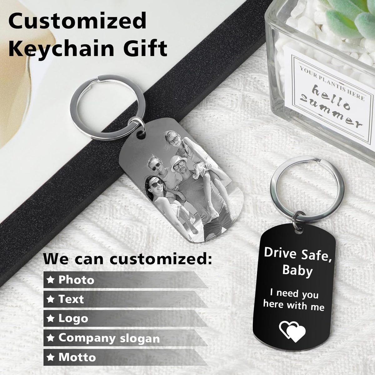 Personalized Keychain with Engraved Photo & Text Customized Custom Gift for Boyfriend, Girlfriend