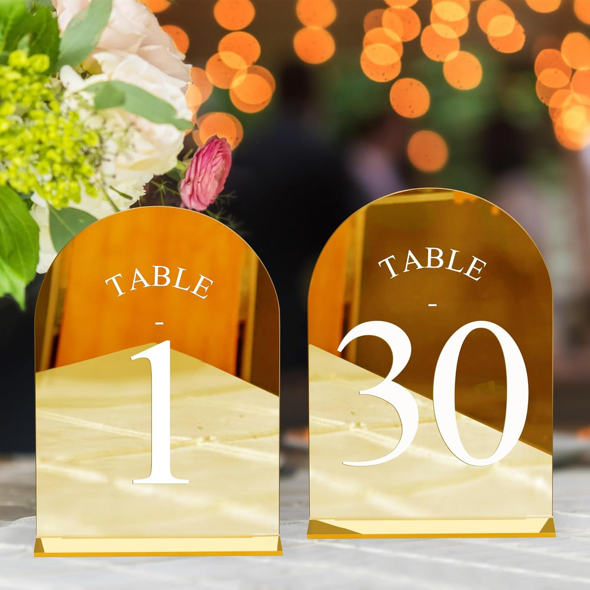 JOYIT Arch Wedding Table Numbers 1-30 with Stands – 5" X 7" Acrylic Mirrored Gold Table Number