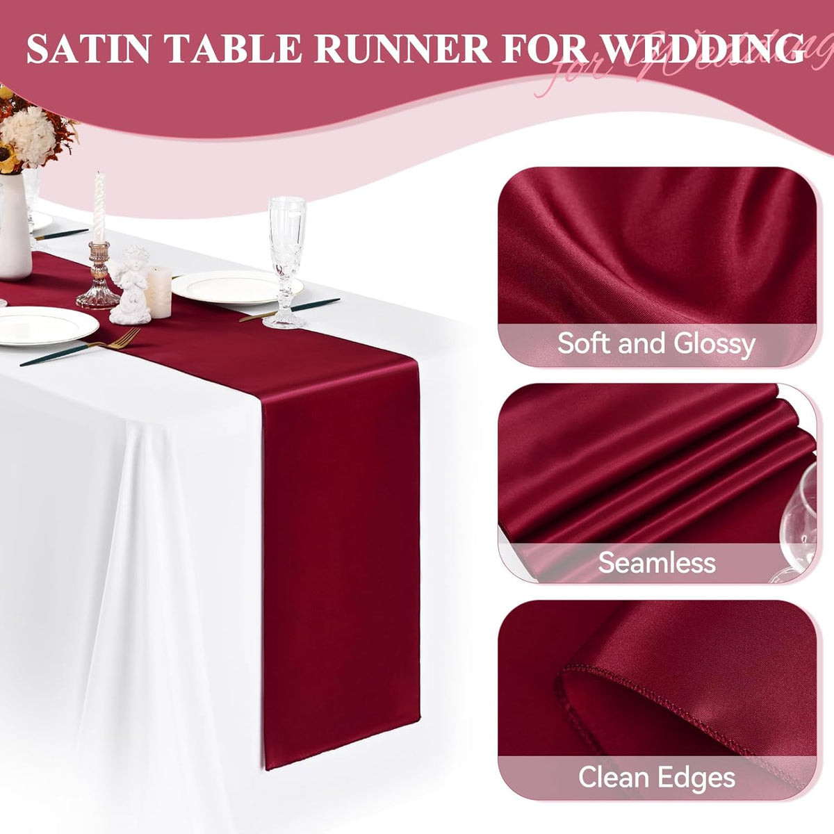20 Pack Burgundy Satin Table Runner,12 x 108 inch Long Premium Smooth Burgundy Table Runners for
