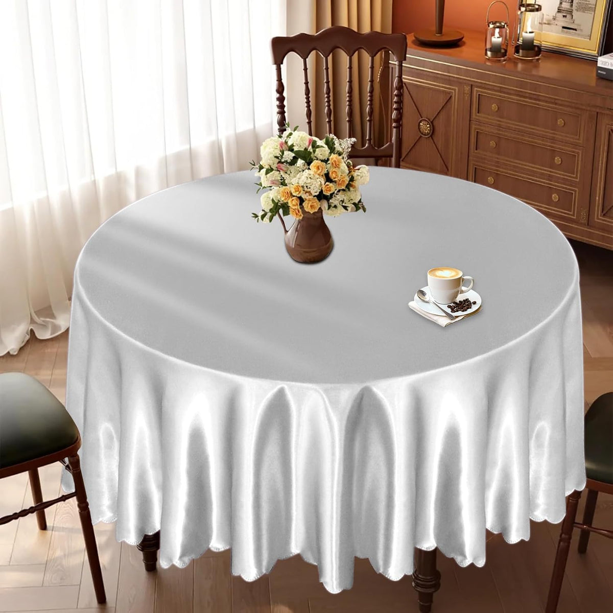 KKJIAF 1 Pack 108 Inch Round Table Cloth, Silver Overlay Round Satin Table Cover, Silky Satin