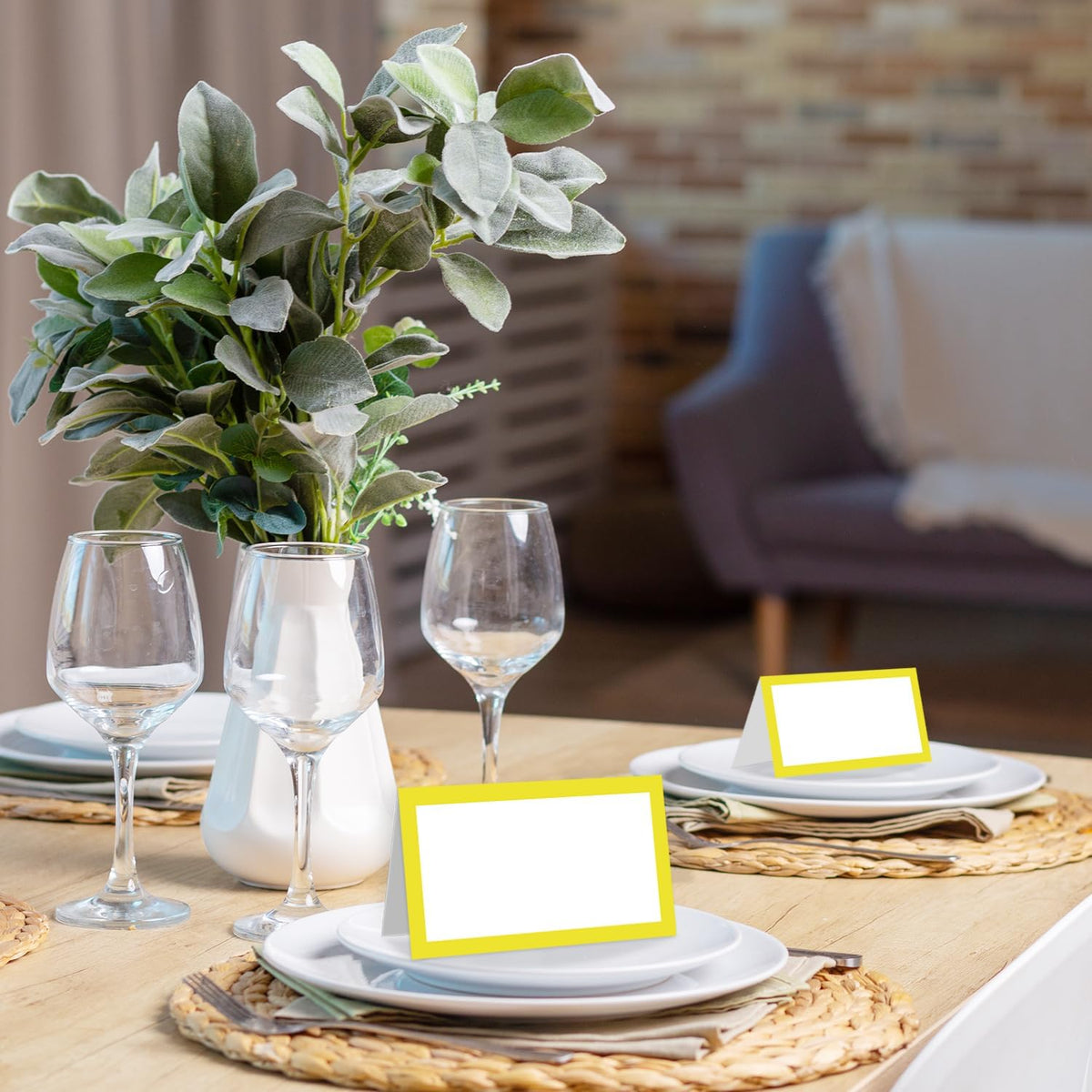 25 Pack Yellow Border Place Cards, Editable Name Cards for Table Setting, Tent Cards Food Label for